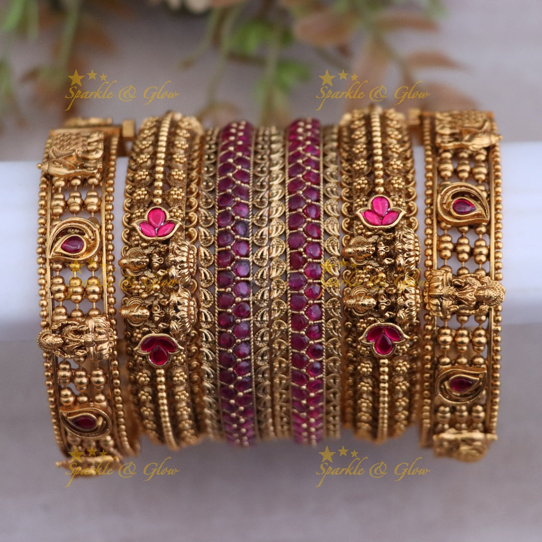 Elegant Gold-Plated Bangle Set with Ruby Accents