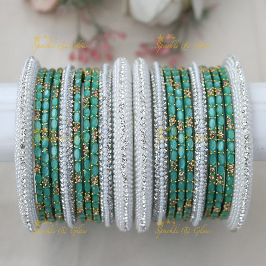 Stunning Green & Silver Bangle Set - Sparkle & Glow- One Hand