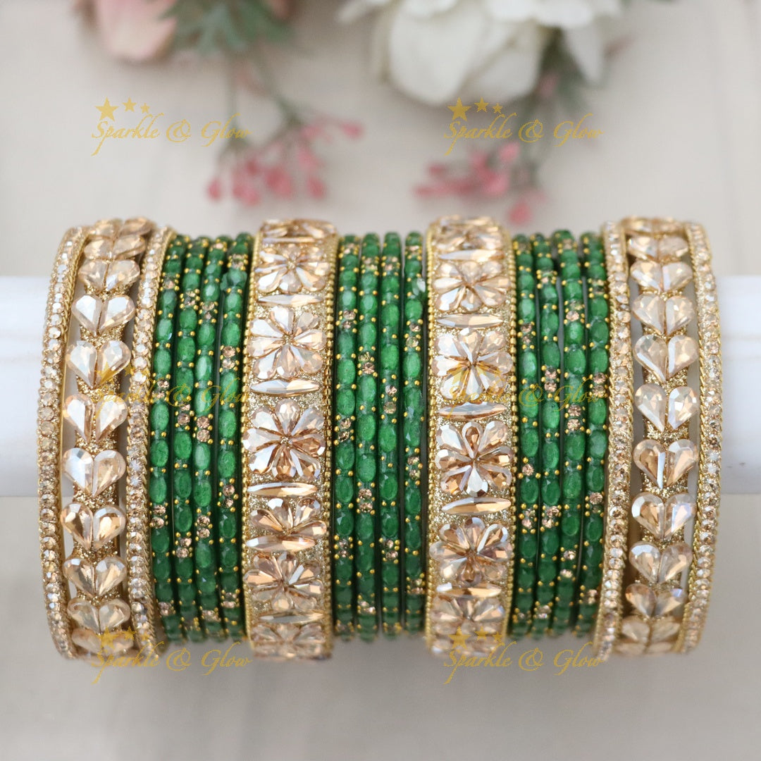 Exquisite Green & Gold Stone Bangle Set- One Hand