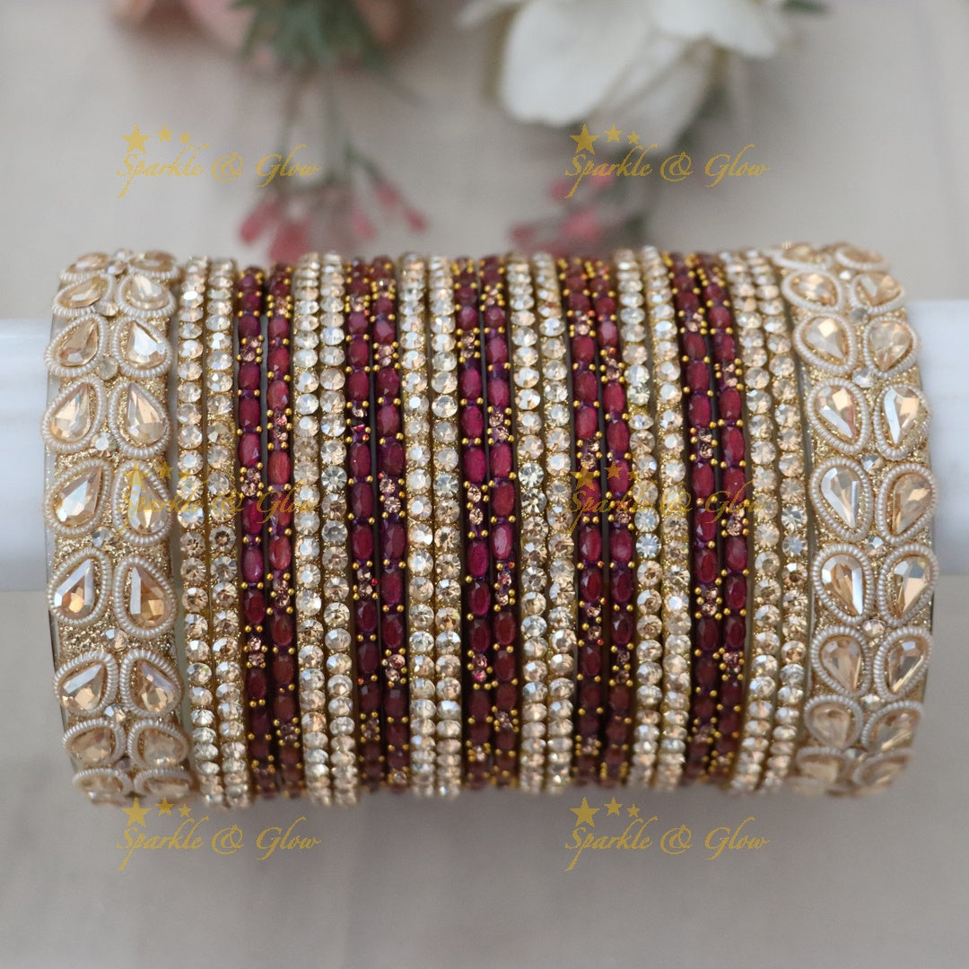 Exquisite Maroon & Gold Bangle Set - Sparkle & Glow- One Hand
