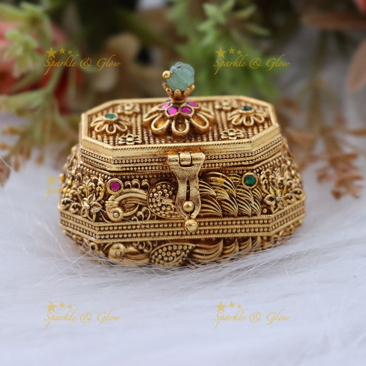 Gold-Toned Peacock Kumkum Box for Indian Festivities