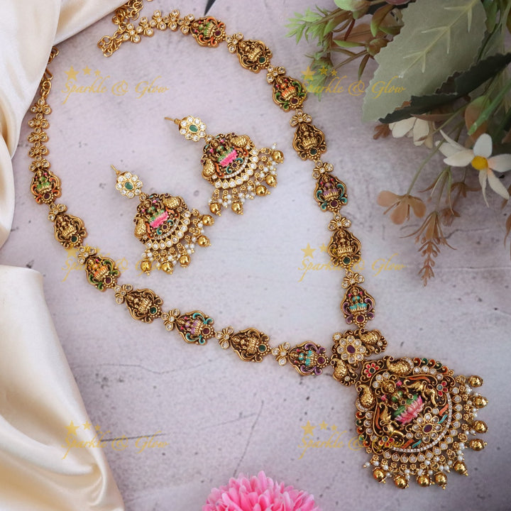 Exquisite Temple Idol Long Necklace Set in Gold