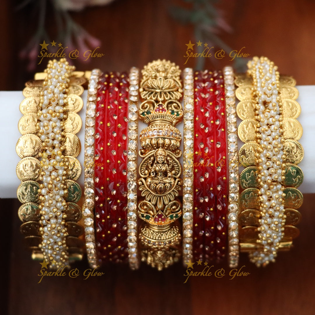 Royal Bridal Bangle Set with Pearl, Lakshmi & Stone Detailing- Price for one hand