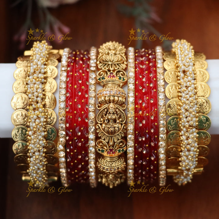 Royal Bridal Bangle Set with Pearl, Lakshmi & Stone Detailing- Price for one hand