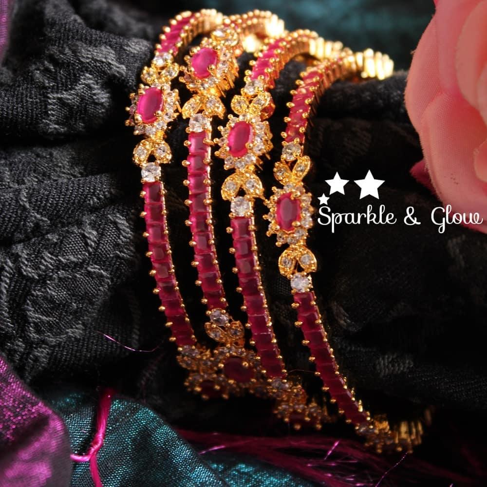 Ruby and white AD stones Gold polished bangles - 2.6 - Sparkle and Glow