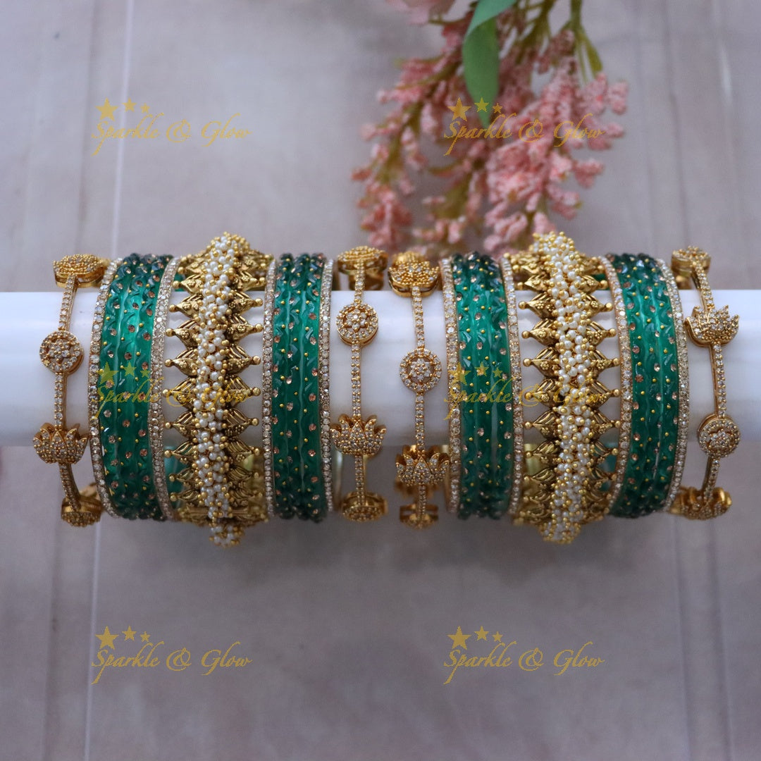 Green and Gold Bridal Bangles Set for Wedding Elegance