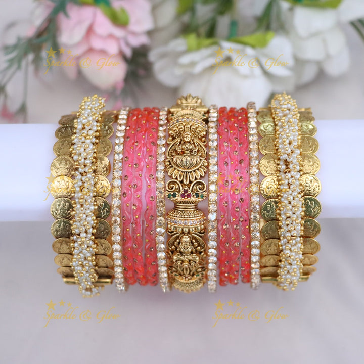 Royal Bridal Bangle Set with Pearl, Lakshmi & Stone Detailing- Price for one hand