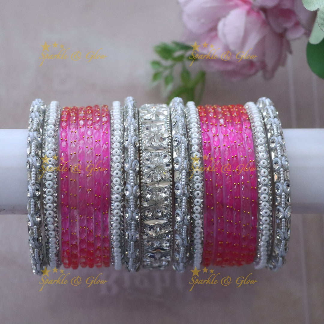 Elegant Pink and Silver Bangle Set