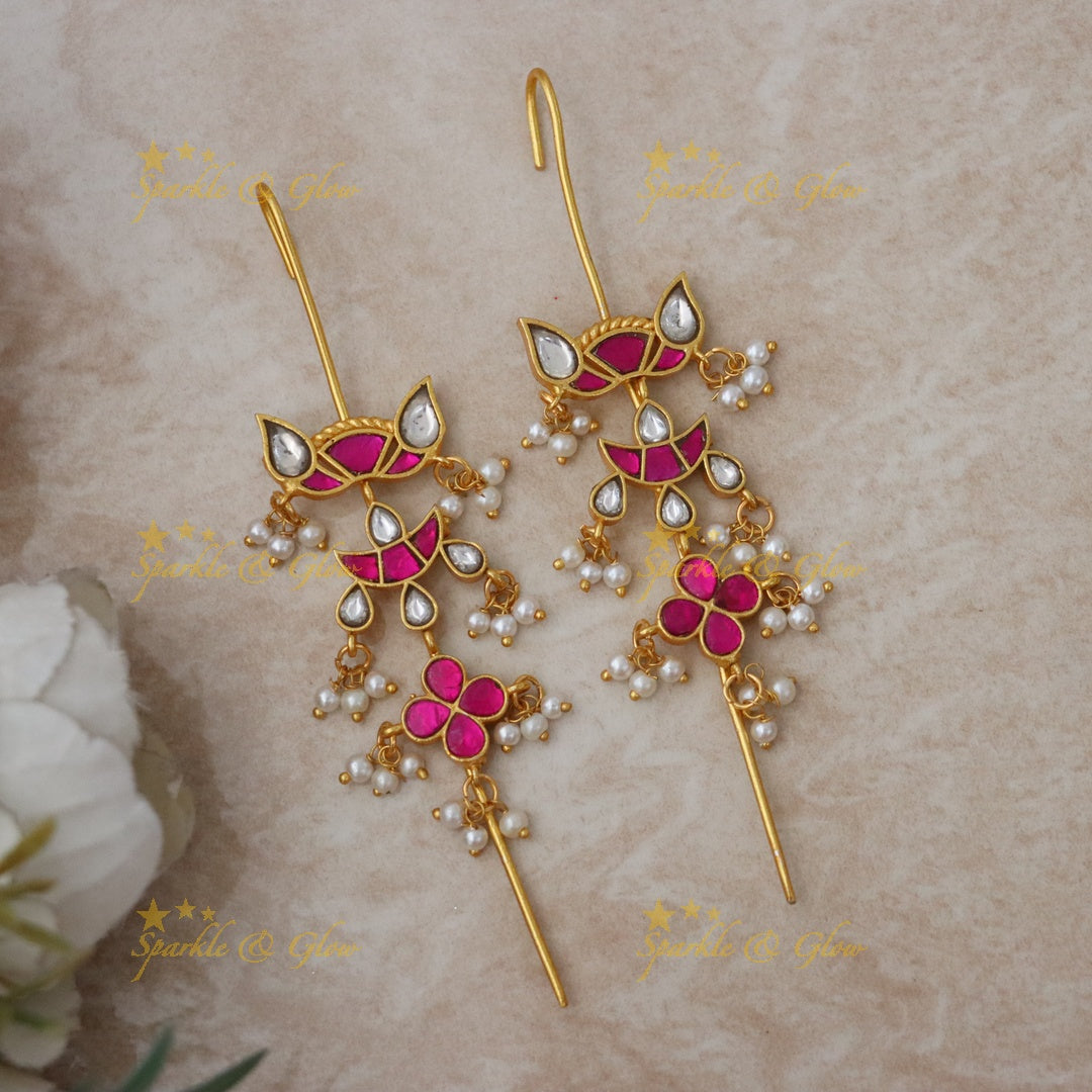 Elegant Gold & Pink Ear Cuffs with Pearls - Perfect for Festive Celebrations