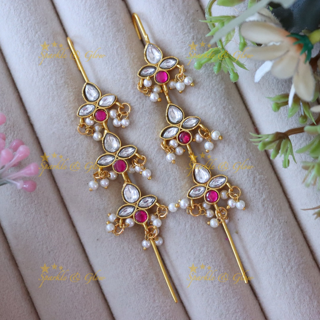 Elegant Floral Pearl Ear Cuff with Gold Jadau Finish