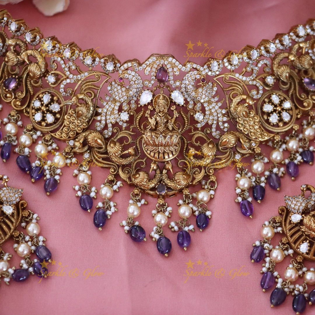 Exquisite Temple Style Lakshmi Peacock Necklace Set
