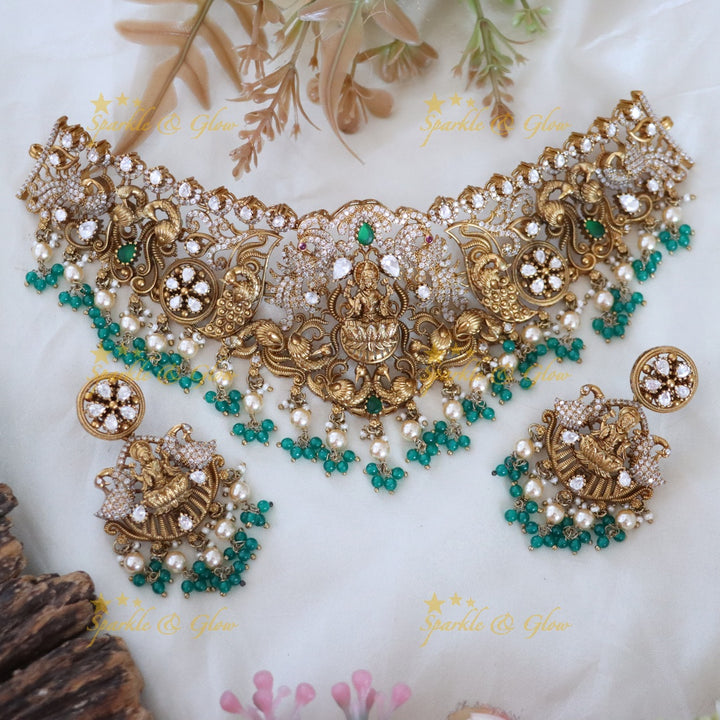 Exquisite Temple Style Lakshmi Peacock Necklace Set