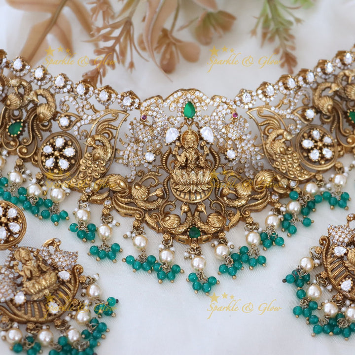 Exquisite Temple Style Lakshmi Peacock Necklace Set