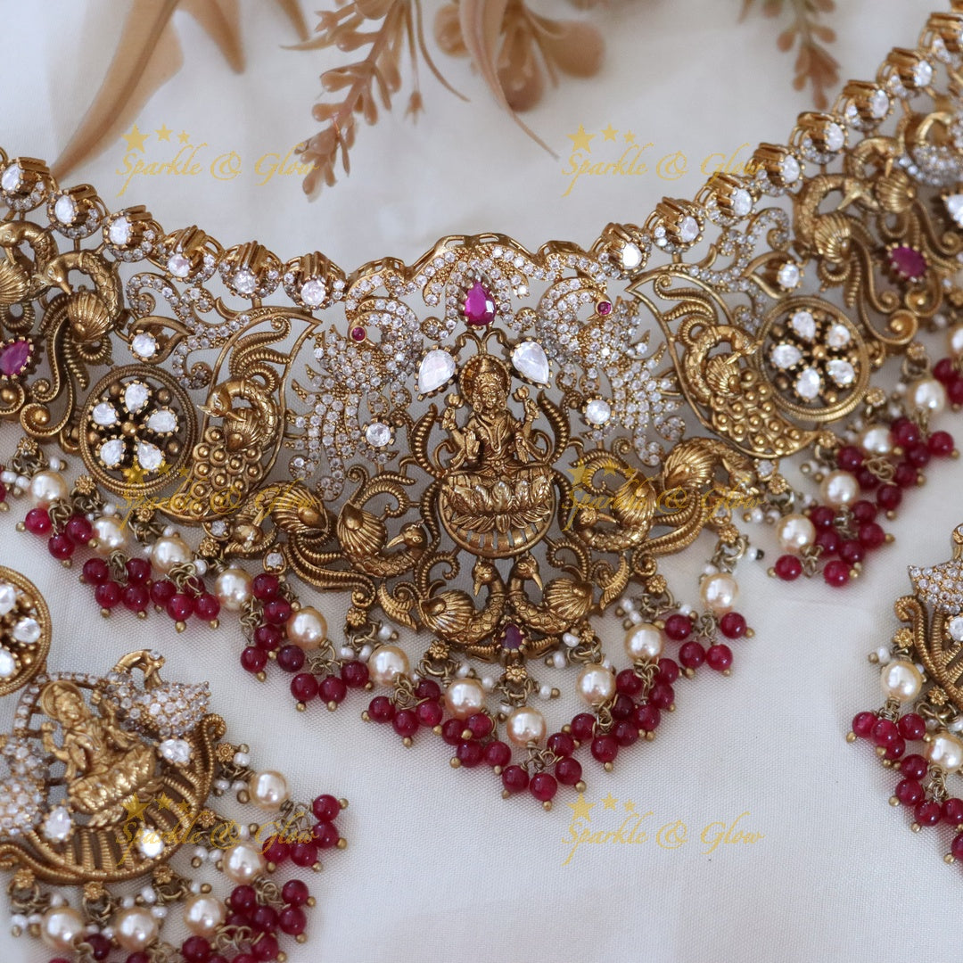 Exquisite Temple Style Lakshmi Peacock Necklace Set