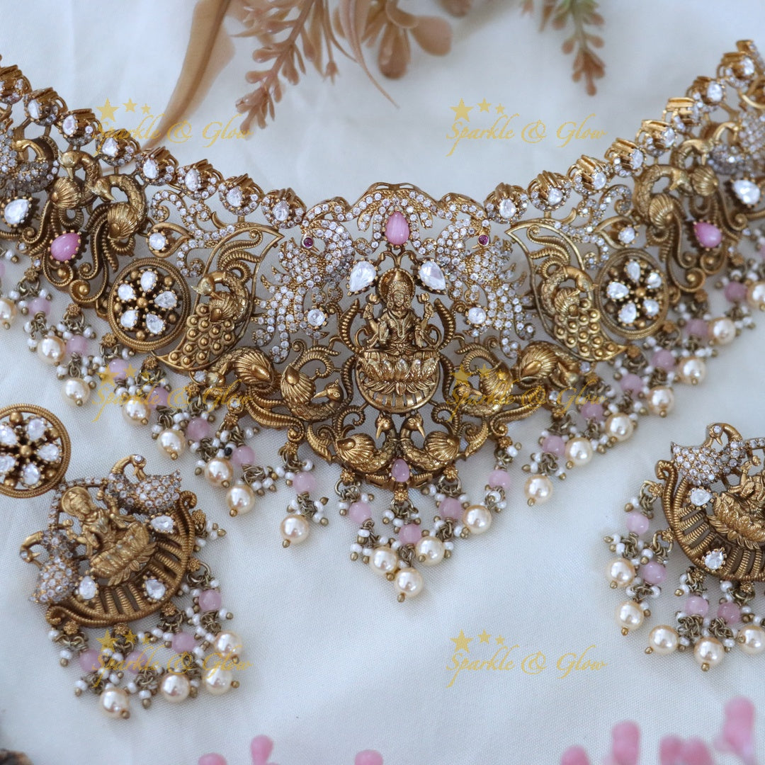 Exquisite Temple Style Lakshmi Peacock Necklace Set