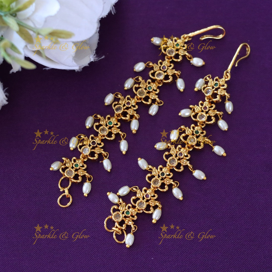 Sparkling Pearl & Gold Ear Chains for Weddings