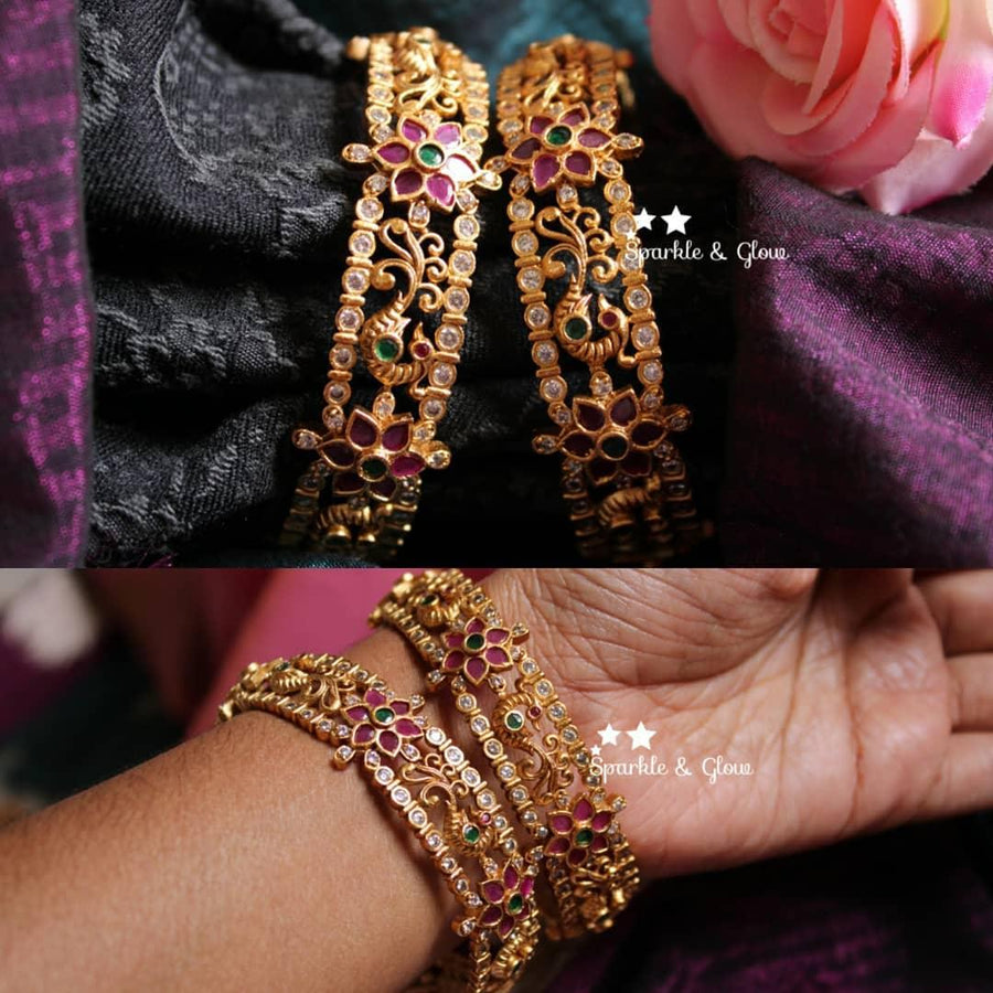 Premium matte gold peacock and flower design bangles - 2.6 - Sparkle and Glow
