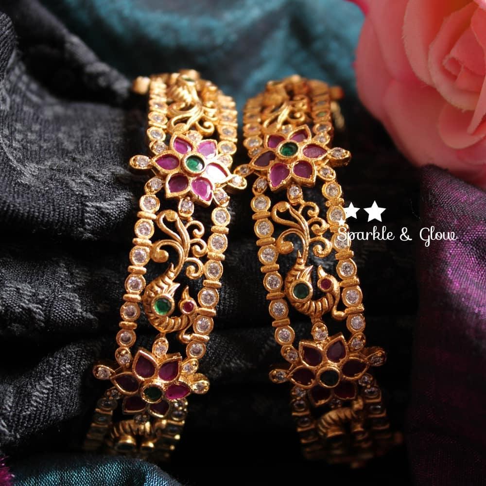 Premium matte gold peacock and flower design bangles - 2.6 - Sparkle and Glow