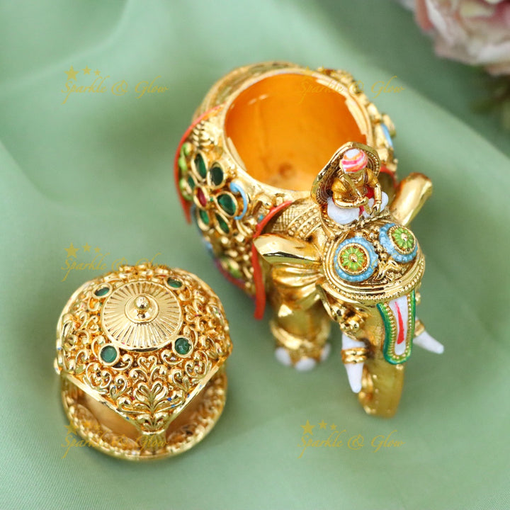 Exquisite Gold Elephant Kumkum Box for Weddings & Festivals