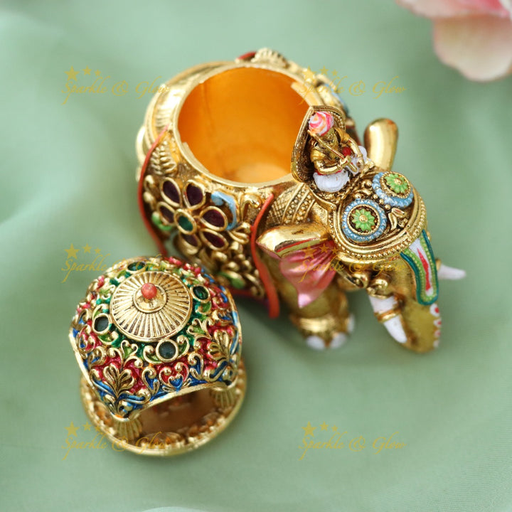 Exquisite Gold Elephant Kumkum Box for Weddings & Festivals
