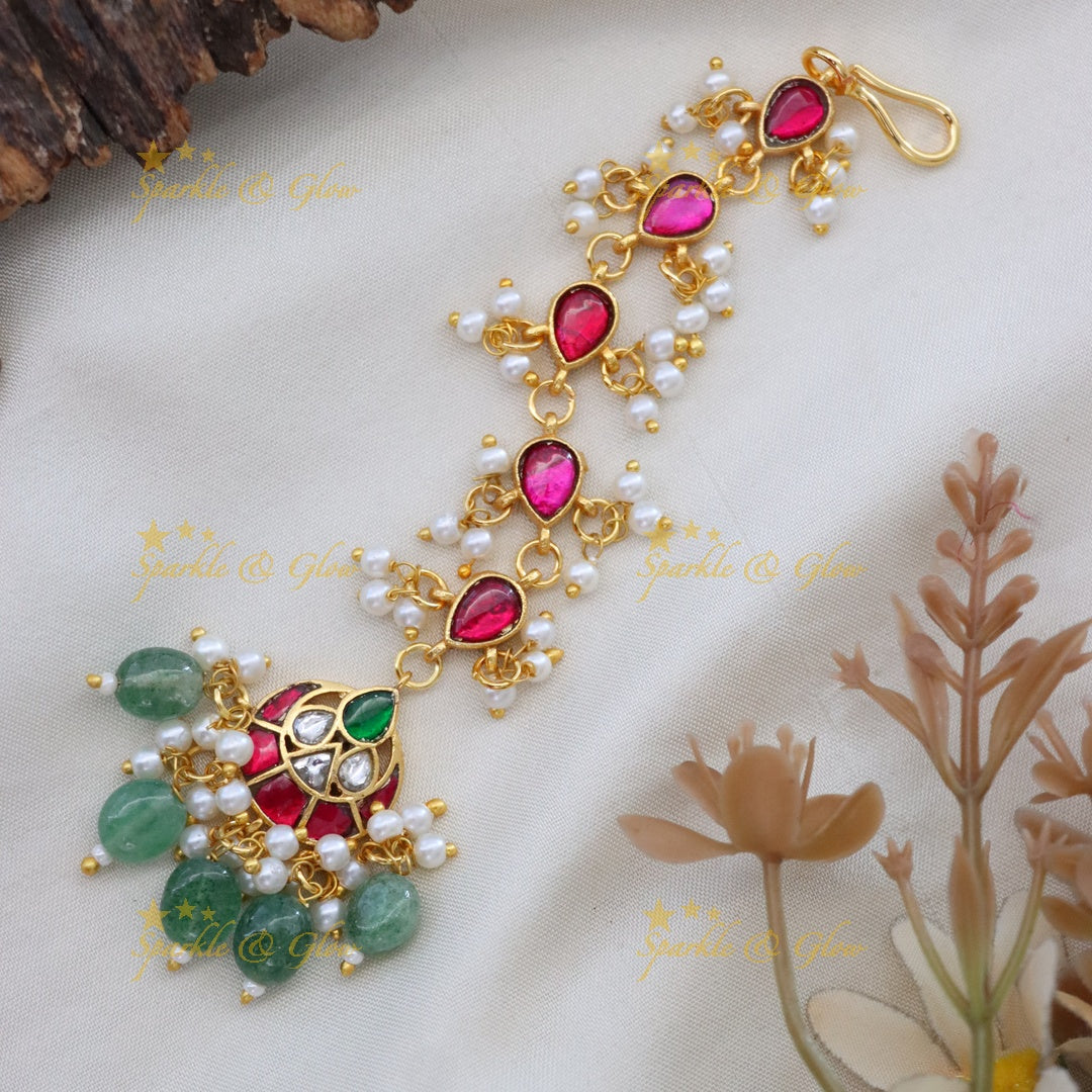 Exquisite Gold Jadau Maang Tikka with Colorful Gemstones