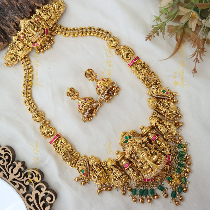 Exquisite Lakshmi Temple Bridal Necklace Set in Gold Finish
