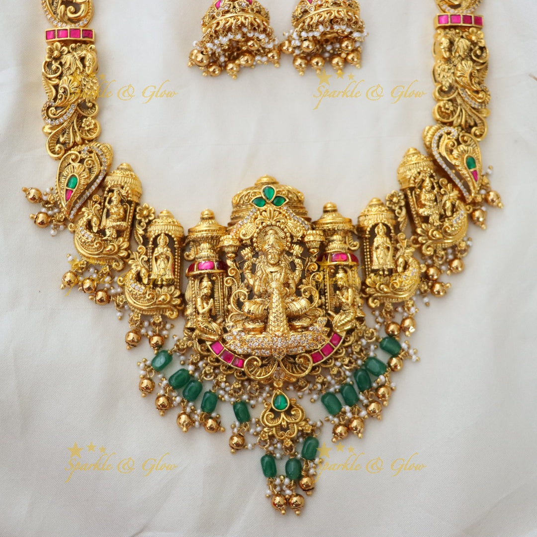 Exquisite Lakshmi Temple Bridal Necklace Set in Gold Finish