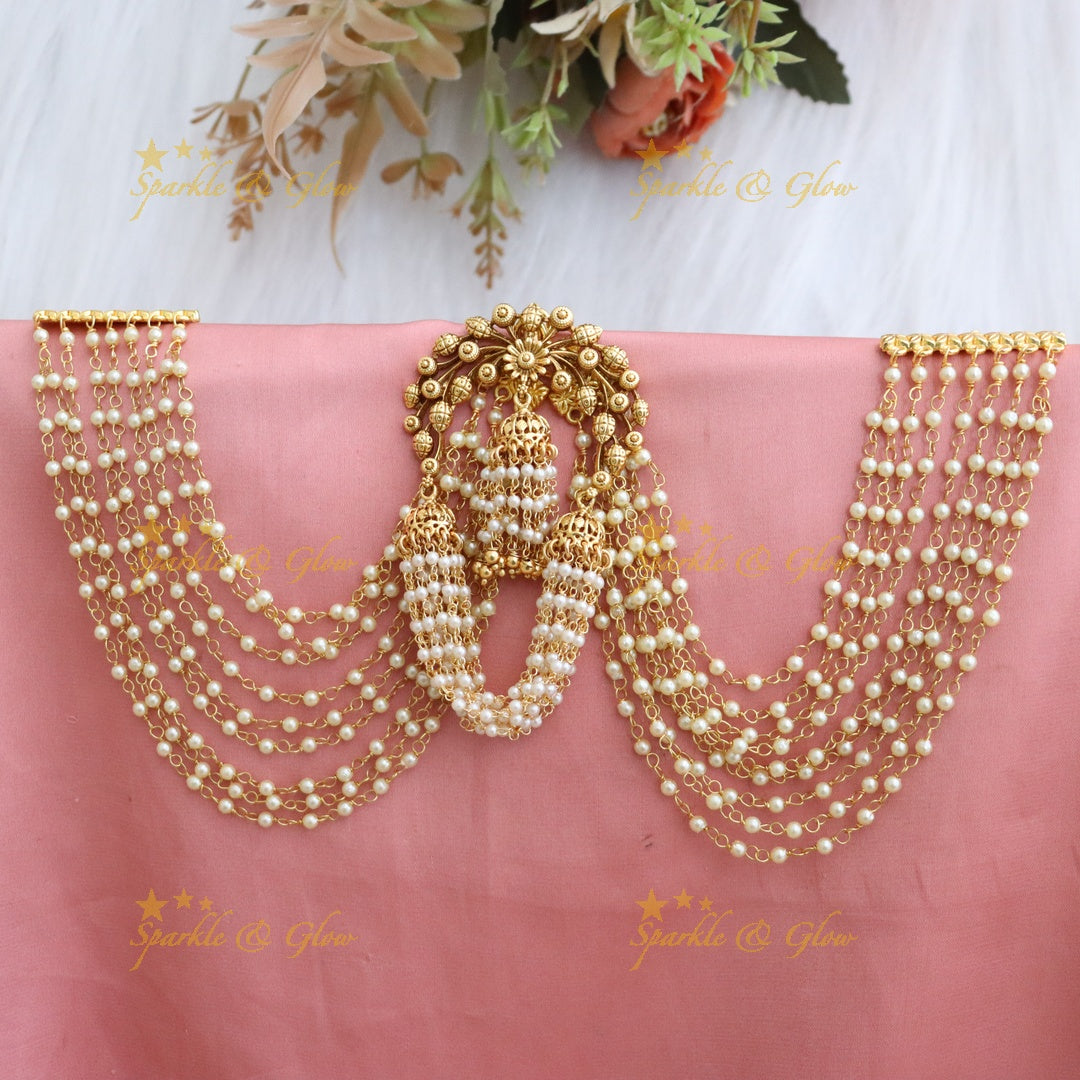 Elegant Peacock Earchain Set with Pearls & Jadabilla