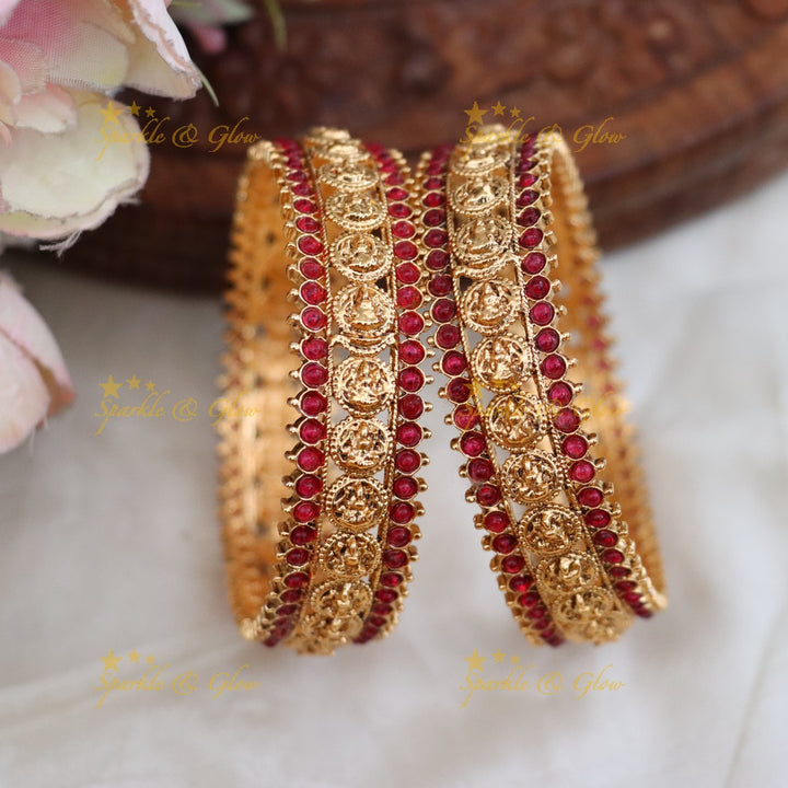 Exquisite Temple Design Gold Bangles with Red Stones