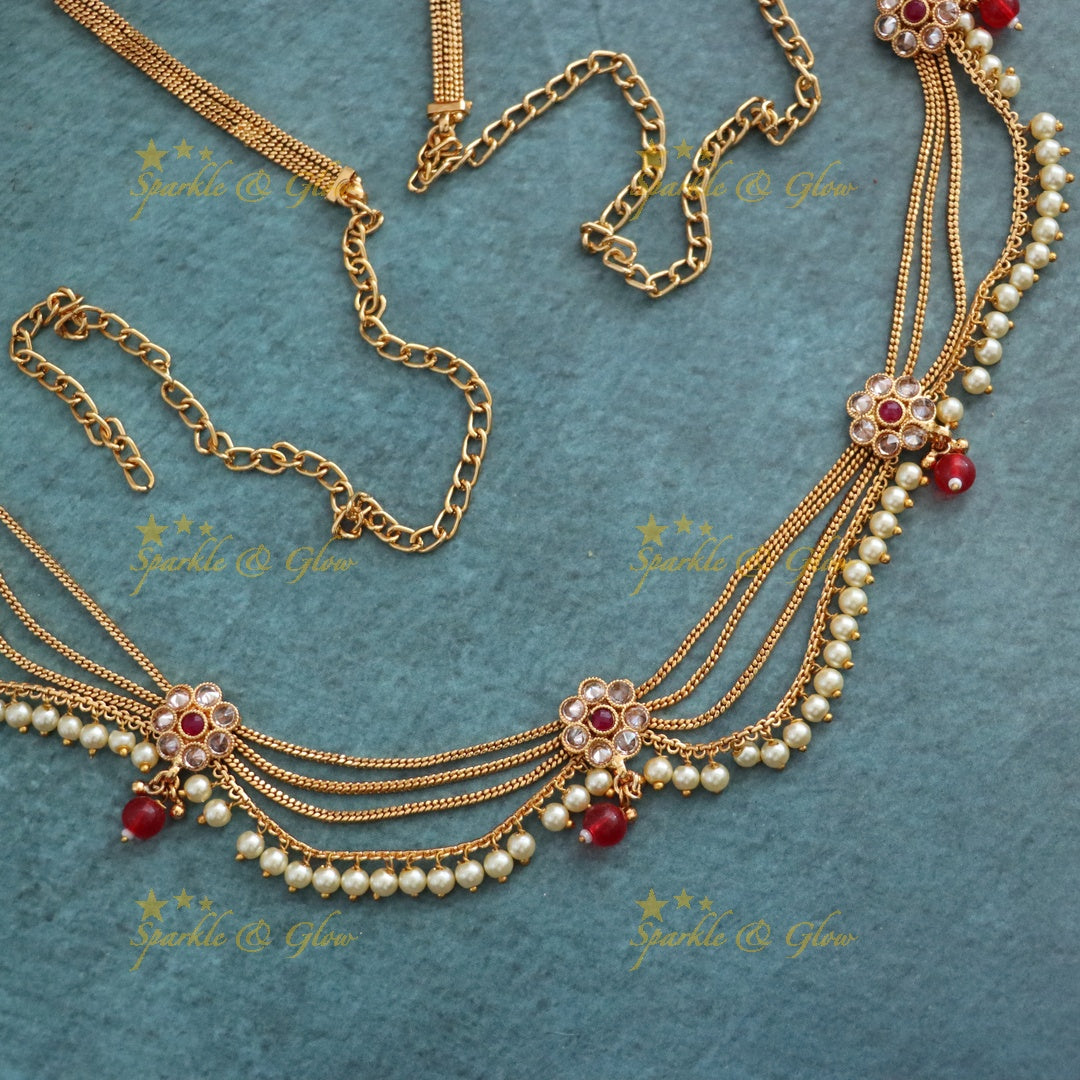 Elegant Gold-Plated Hip Chain with Pearls & Ruby Gems