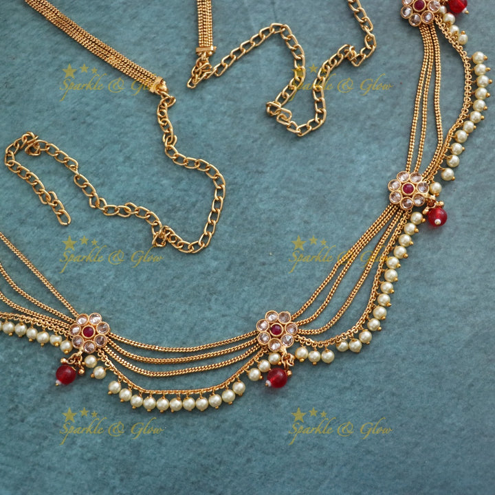 Elegant Gold-Plated Hip Chain with Pearls & Ruby Gems