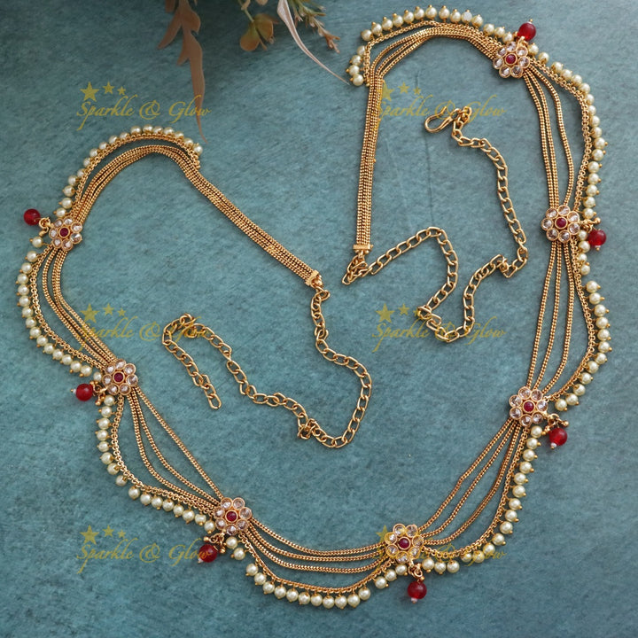 Elegant Gold-Plated Hip Chain with Pearls & Ruby Gems