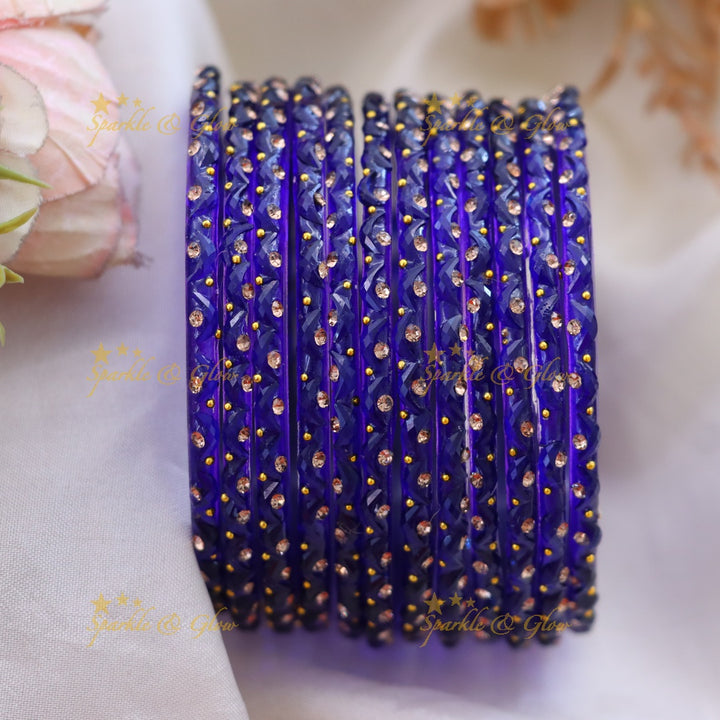 Adorable Glass Bangles with Golden Stone Accents – Set of 12