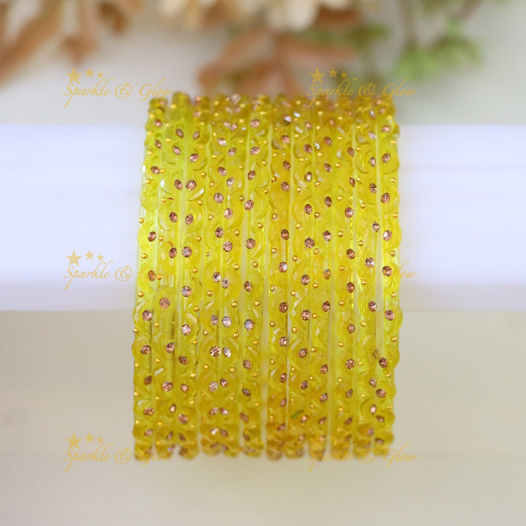 Adorable Glass Bangles with Golden Stone Accents – Set of 12