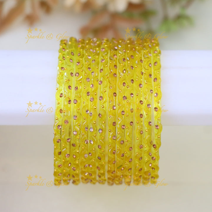 Adorable Glass Bangles with Golden Stone Accents – Set of 12