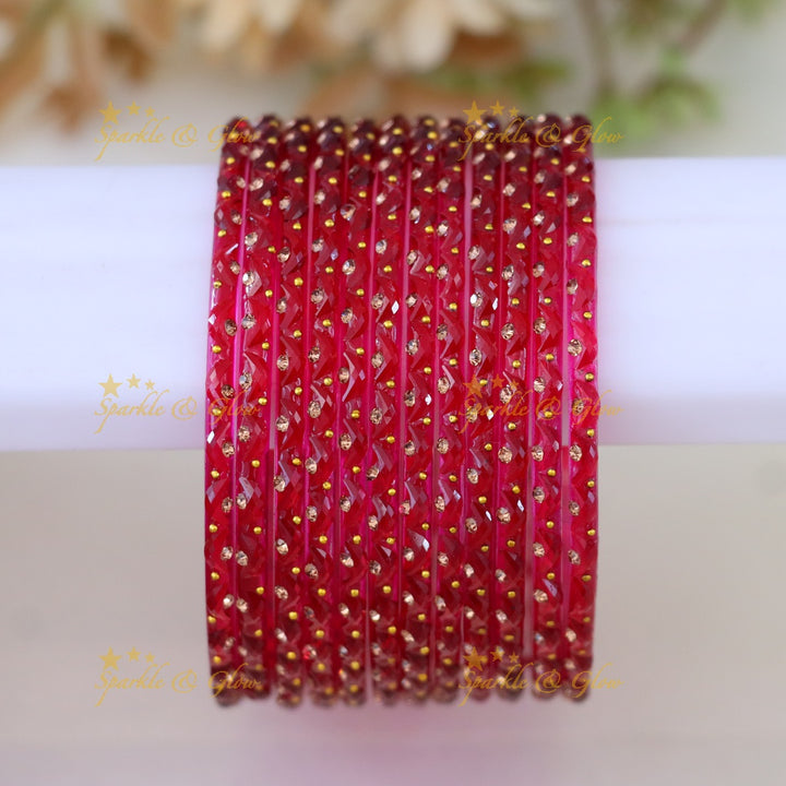 Adorable Glass Bangles with Golden Stone Accents – Set of 12