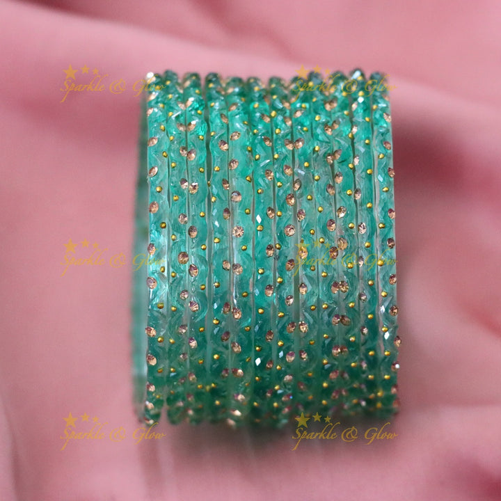 Adorable Glass Bangles with Golden Stone Accents – Set of 12
