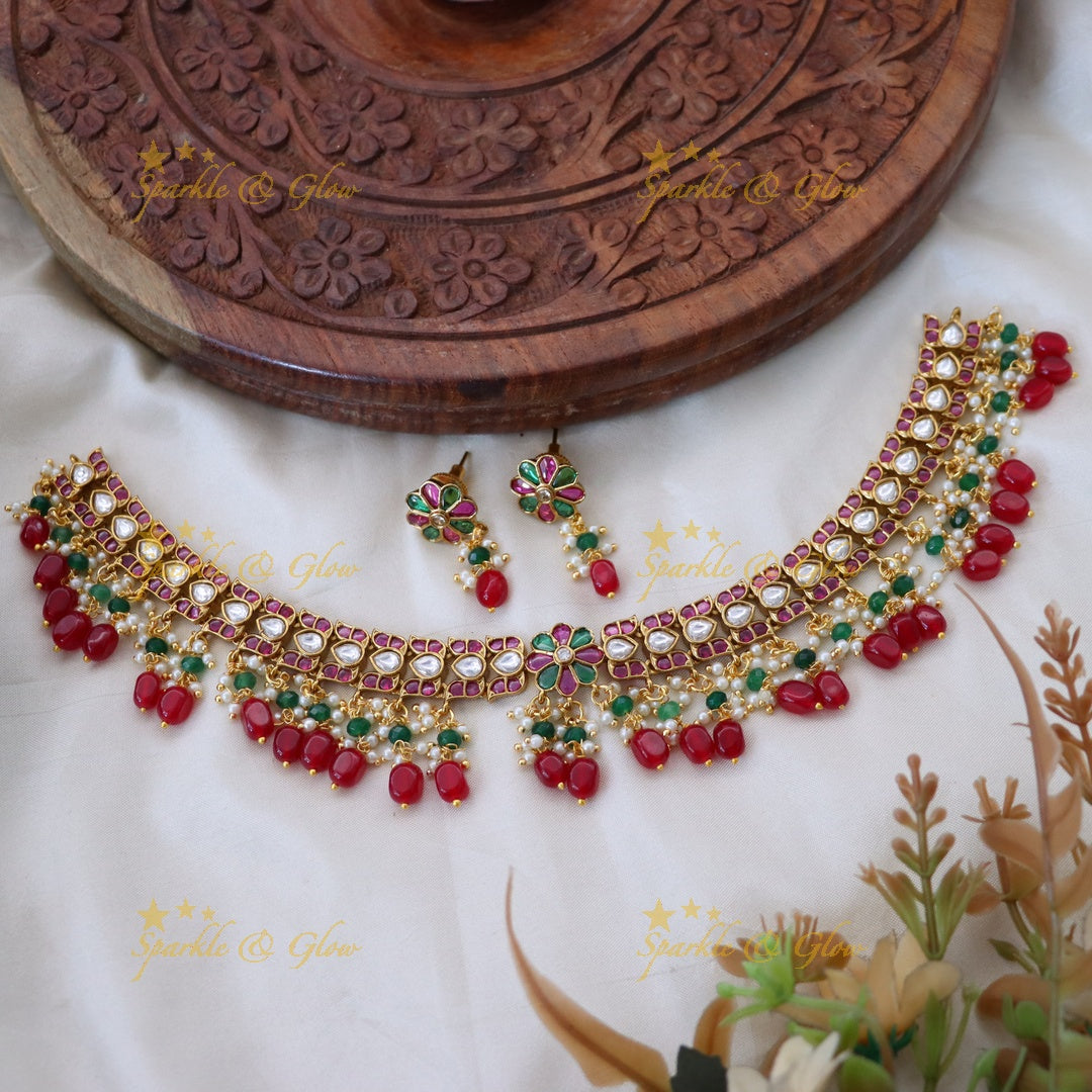 Exquisite Gold-Tone Kundan Short Necklace Set