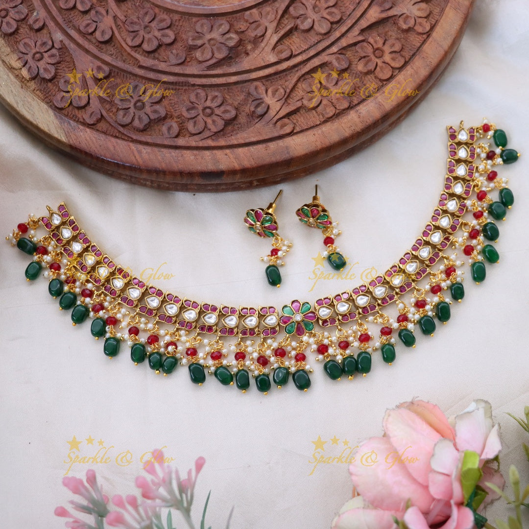 Exquisite Gold-Tone Kundan Short Necklace Set
