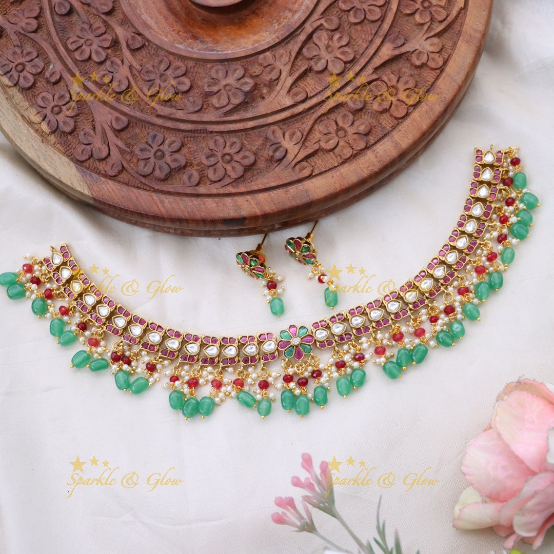 Exquisite Gold-Tone Kundan Short Necklace Set