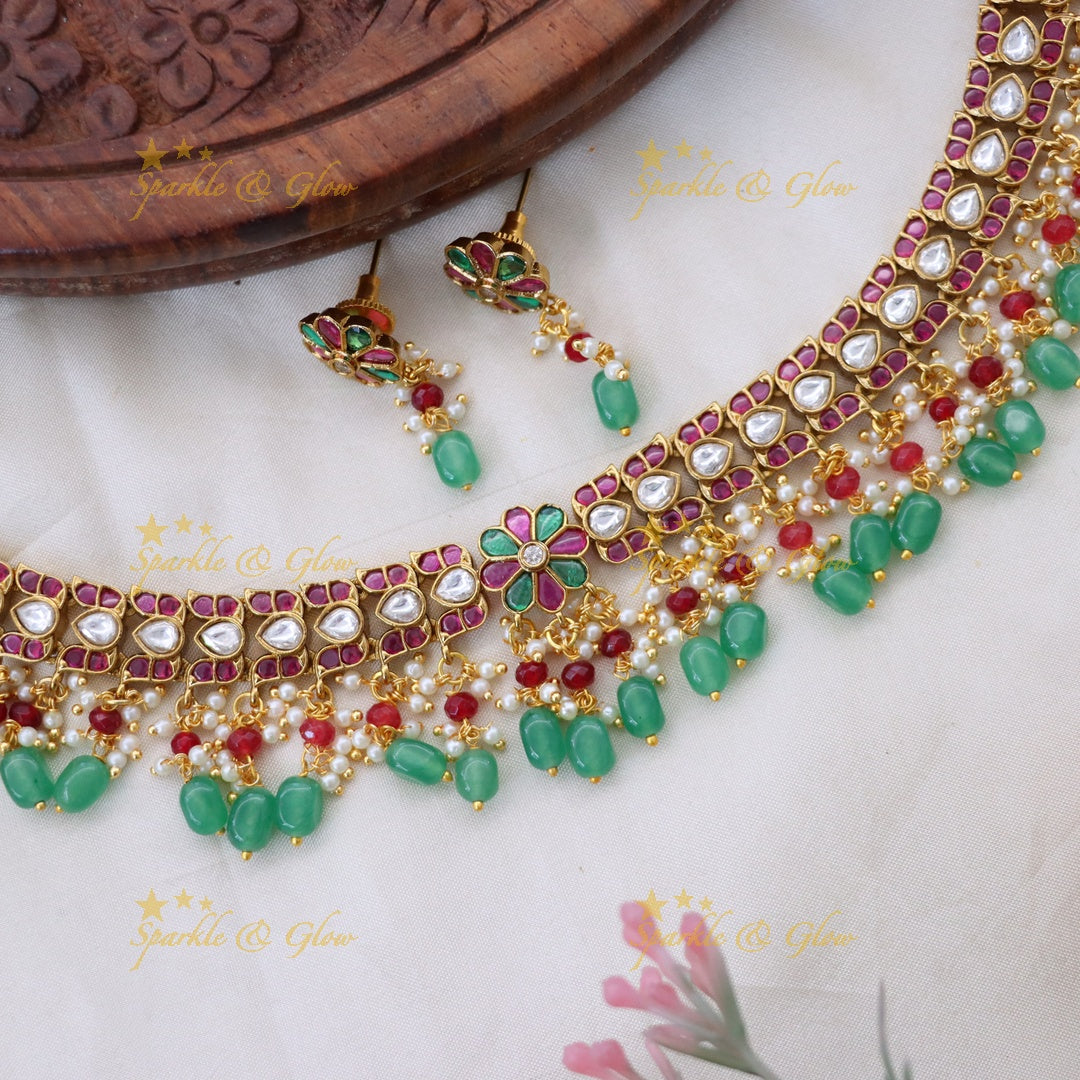 Exquisite Gold-Tone Kundan Short Necklace Set