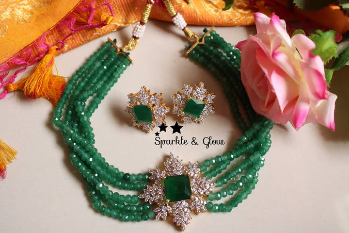 White stone pendent high neck choker - Pink - Sparkle and Glow - Light Green - Back Chain