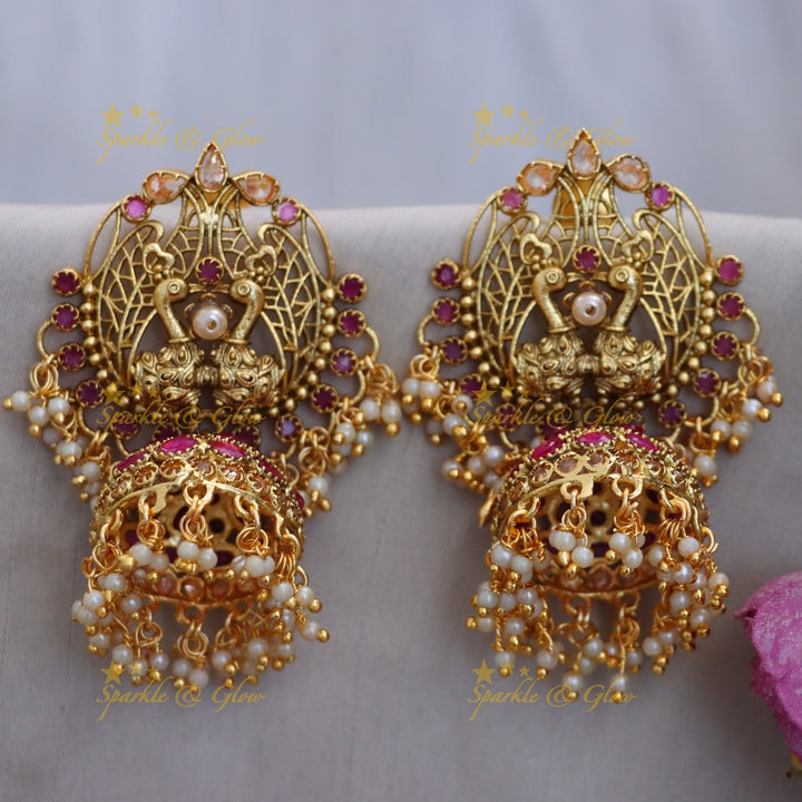 Gold-Like Peacock Jhumkas with White Semi-Precious Stones