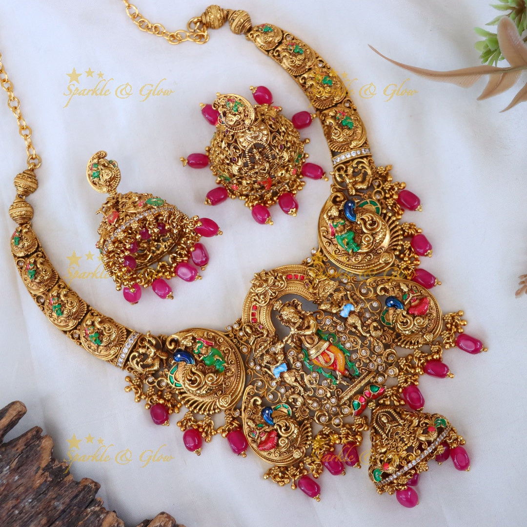 Gold-Plated Temple Necklace with Earrings - Elegant & Traditional