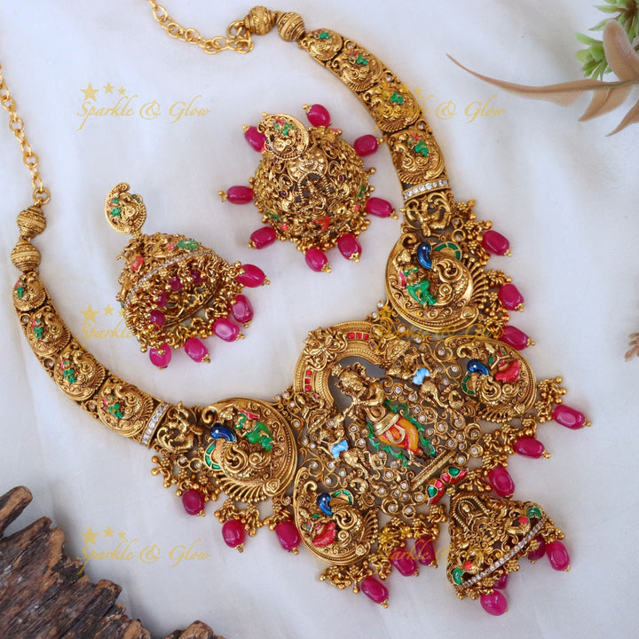 Gold-Plated Temple Necklace with Earrings - Elegant & Traditional