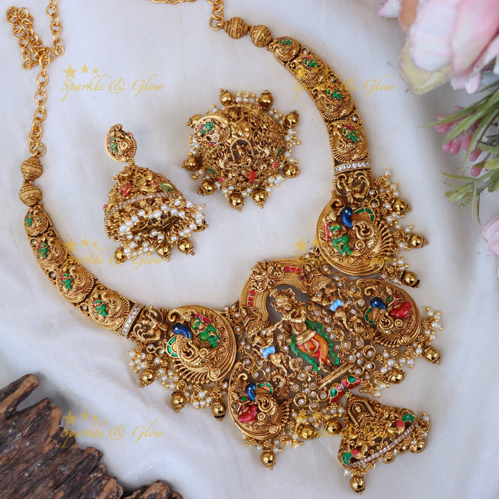 Gold-Plated Temple Necklace with Earrings - Elegant & Traditional