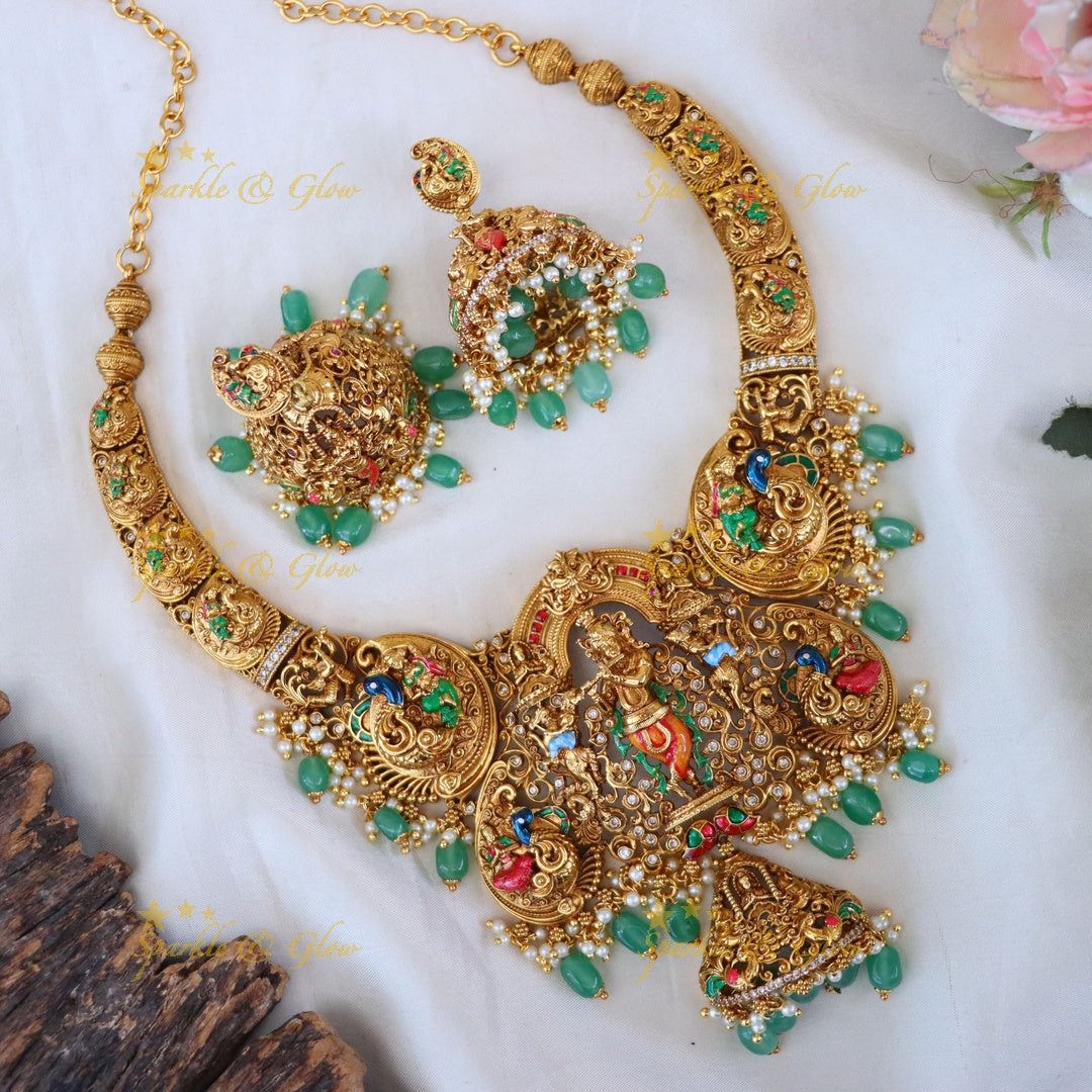 Gold-Plated Temple Necklace with Earrings - Elegant & Traditional