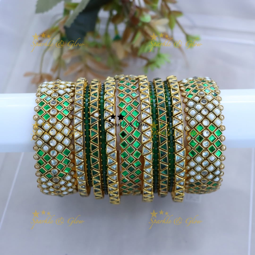 Glamorous Emerald Kundan Bangle Set for Brides