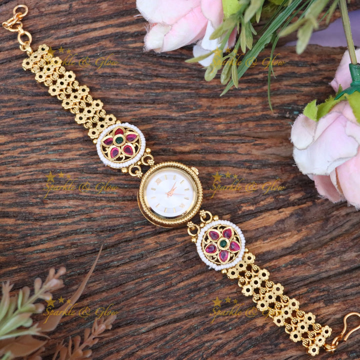 Exquisite Bridal Gold-Plated Kundan Bracelet Watch