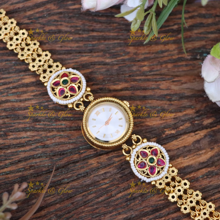 Exquisite Bridal Gold-Plated Kundan Bracelet Watch